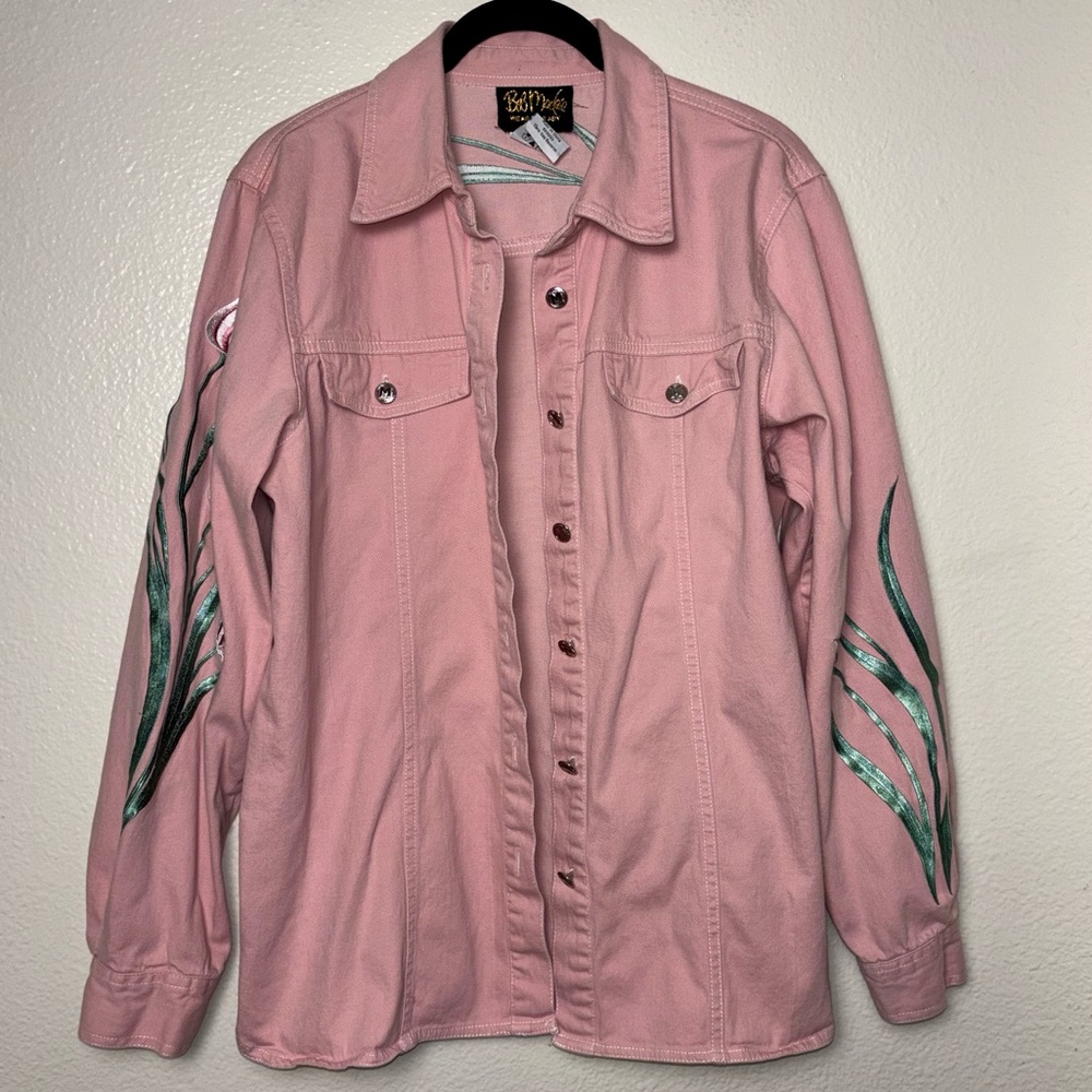Bob Mackie Wearable Art Pink Denim jacket w/Tulips Vintage Women's size medium - Picture 4 of 16